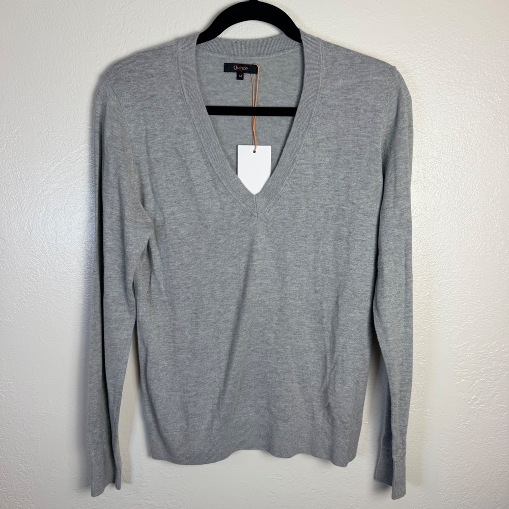 New Quince Women's M Cotton Cashmere V-Neck Sweater Heather Grey Minimalist